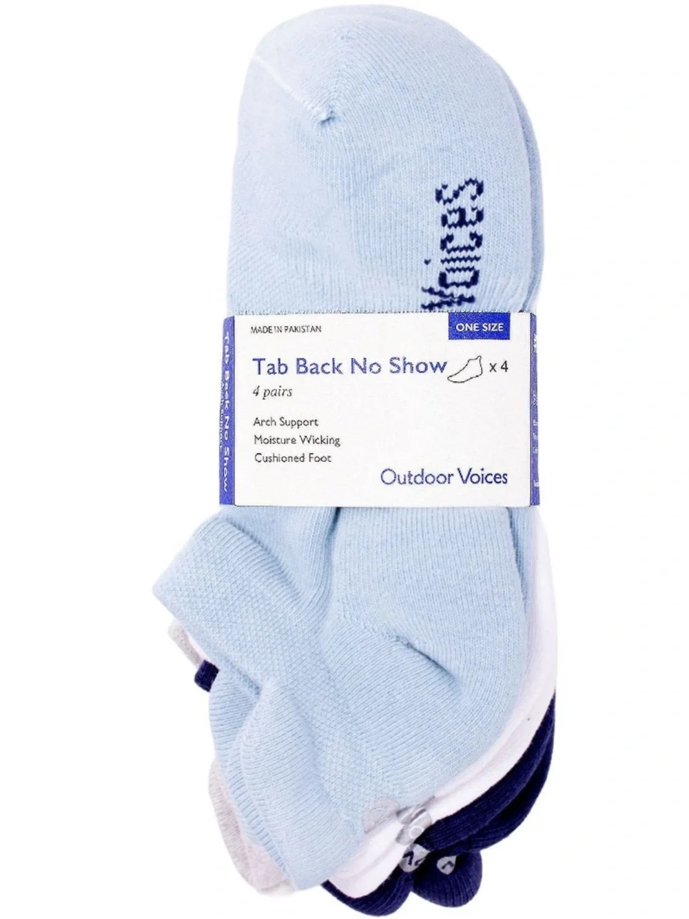 Outdoor Voices Tab Back No Show Women's Sock 4-Pack - Lt Blue, White, Gray, Navy